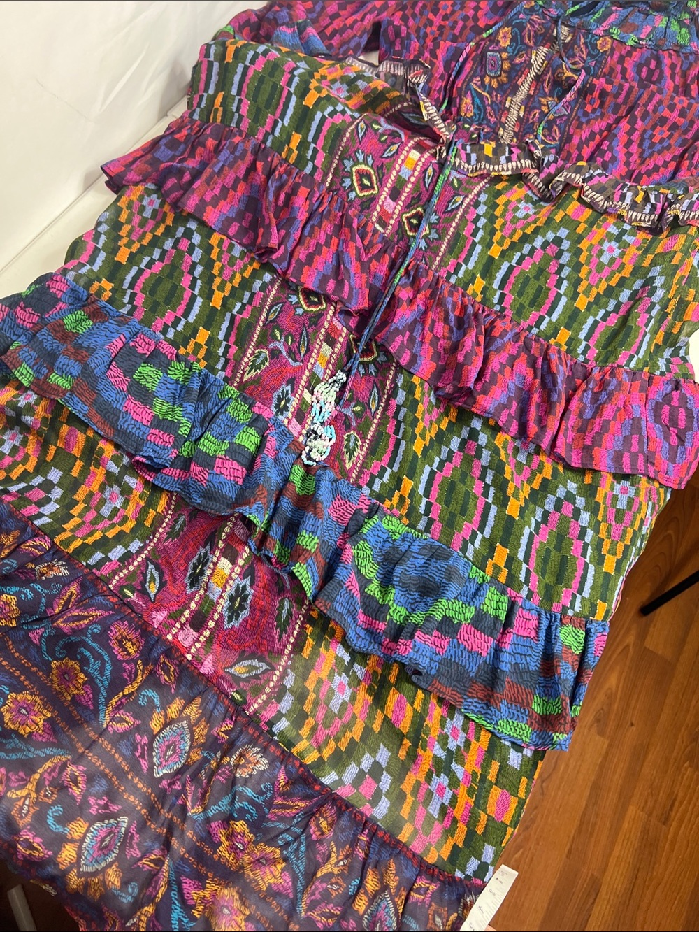 Farm Rio Sz Small Mixed Tapestry Maxi Dress Long Sleeve Blue Green Purple - Picture 6 of 13
